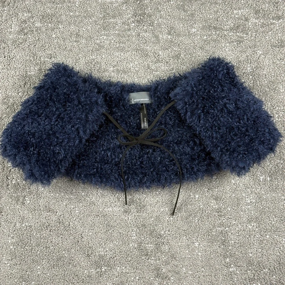 Anthropologie Navy Faux Fur Teddy Bolero Shrug Tie Capelet One Size